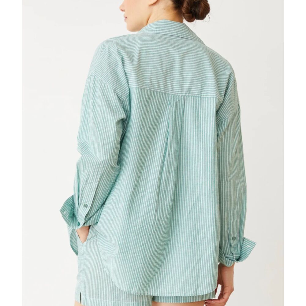Monrow Poplin Oversized Shirt Striped Cactus Green Large - Picture 2 of 8